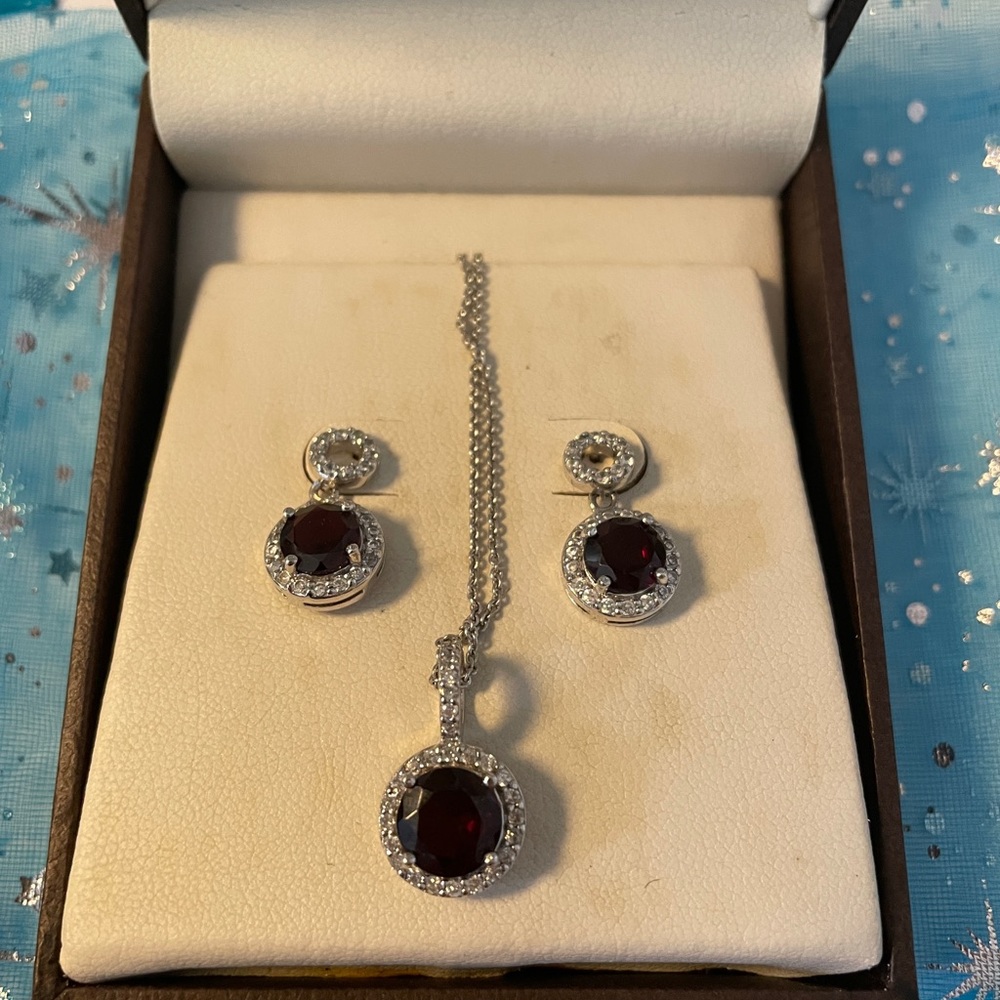 Kate Landry Sterling Silver, Cubic zirconia, and garnet earring and necklace set
